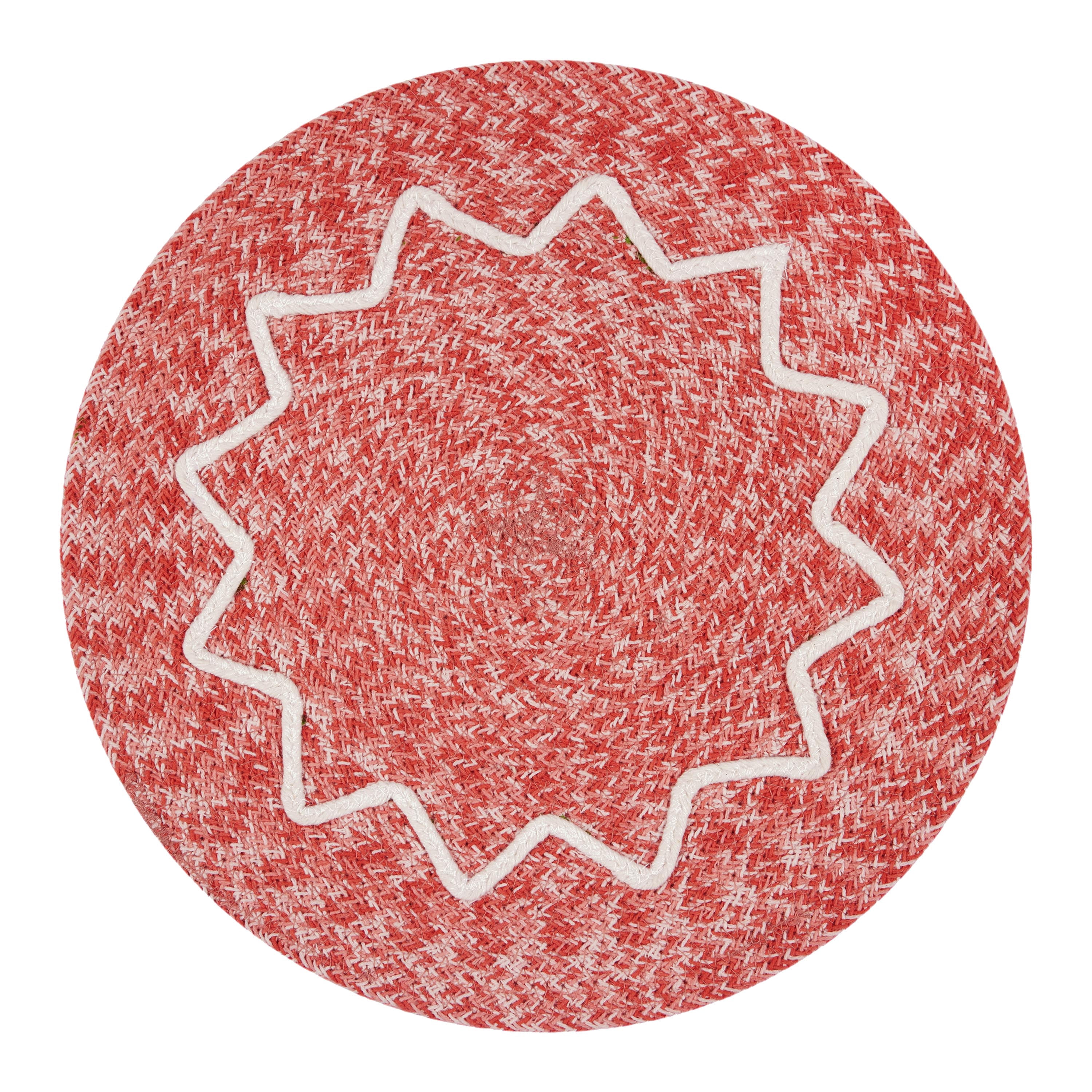 Holiday Braided Ribbon Round 4-pack Table Placemat Set - 15" Diameter - 100% Jute, Red & White