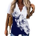thumbnail image 3 of Mujeres V Cuello Top Manga Corta Suelta Hermosa Impresión Casual Verano Camisetas Azul Marino Flores L, 3 of 5