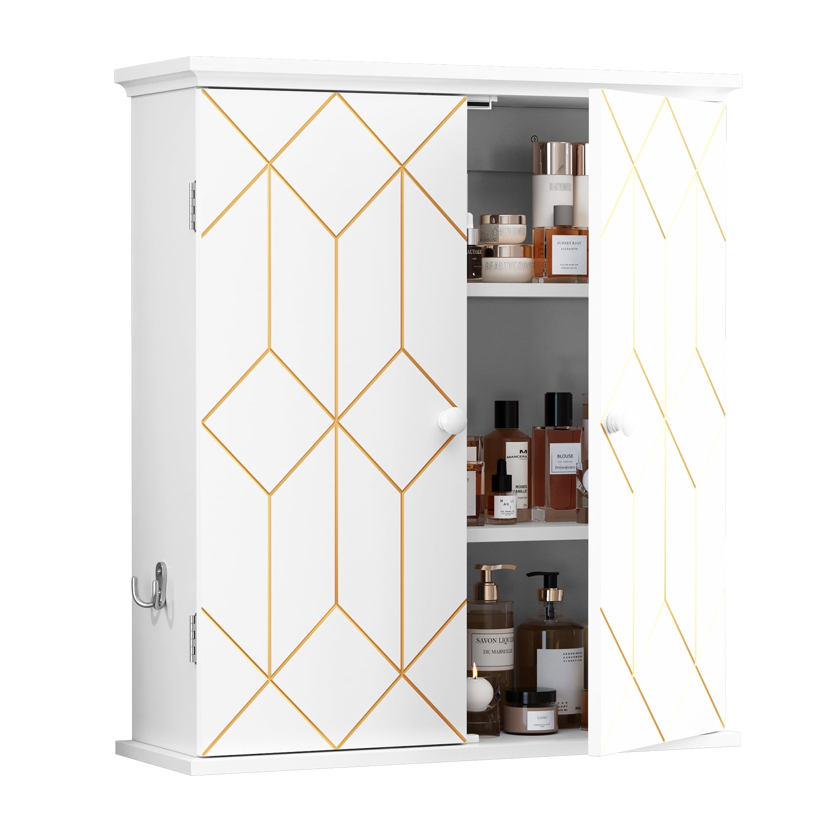 HLR Wall-Mounted Bathroom Storage Cabinet with Gold Trim, Bathroom Cabinet with Adjustable Shelves