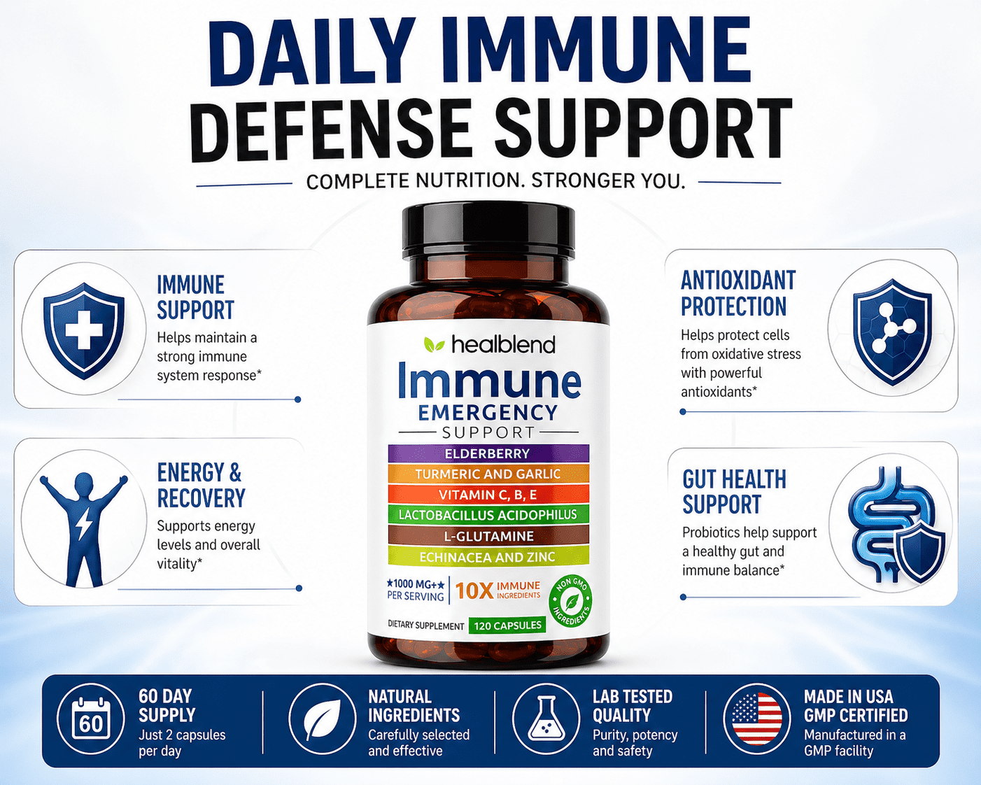 Healblend Natural Antioxidant Immune Booster with Elderberry, Zinc, Echinacea, Turmeric - 120 Capsules