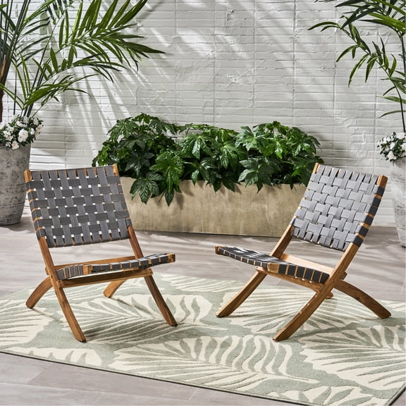 2 Chairs , Wood Foldable Patio Chairs, Water- Straps, Woven Design, Black Brown, Lightweight Nylon Strap, Accent, No Assembly Needed