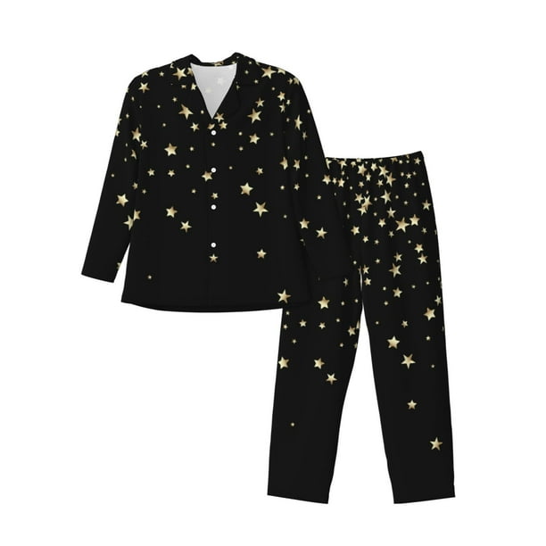 Balery Star Silver Glitter Pijama para Hombre de Dos Piezas con Manga Larga, Conjunto de Dormir y Descanso Suave con Bolsillos-Medium