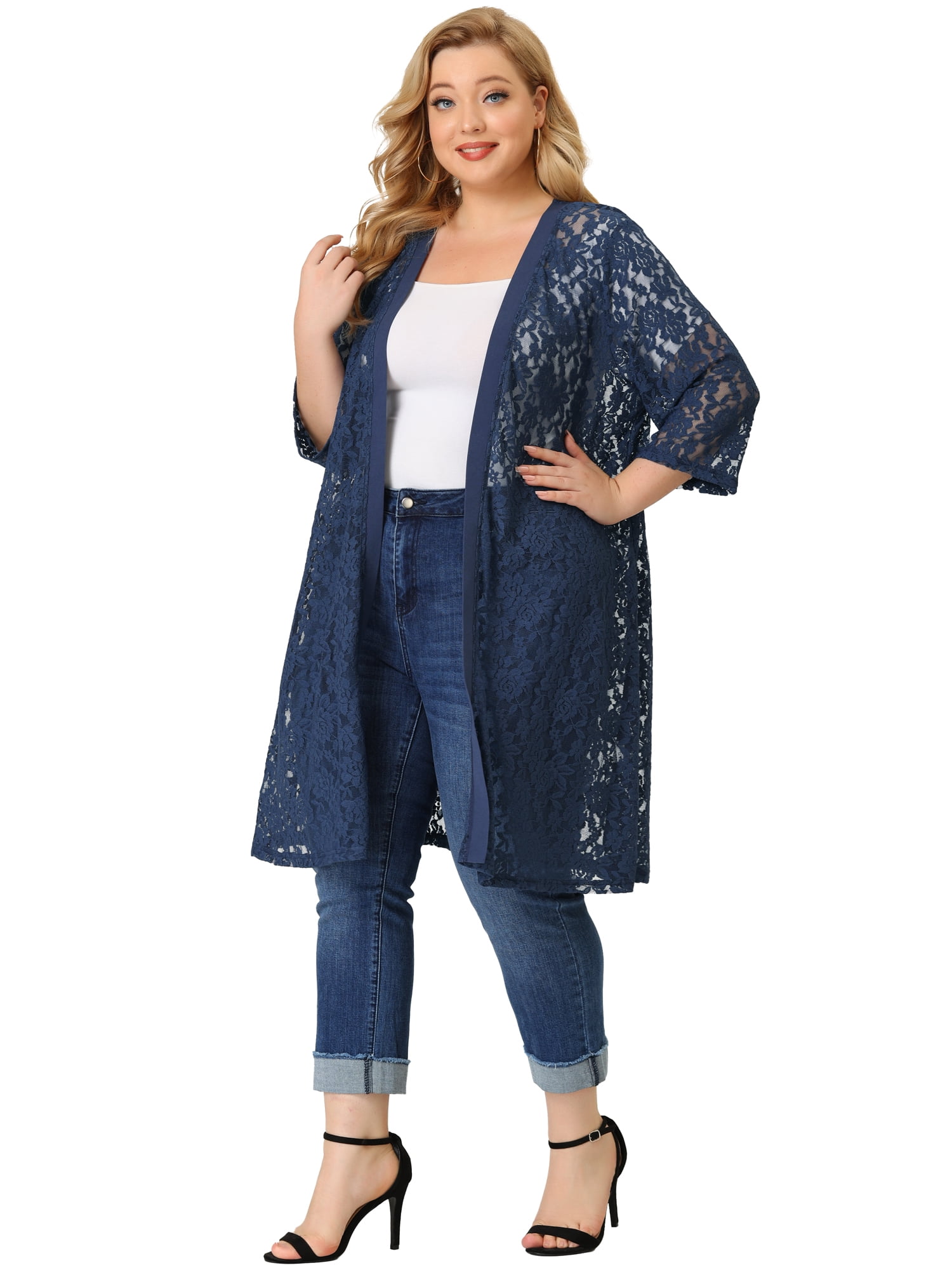 DARING DIVA Women's Plus Size Lace Crochet 3/4 Sleeve Cover Up Jacket 6X Navy