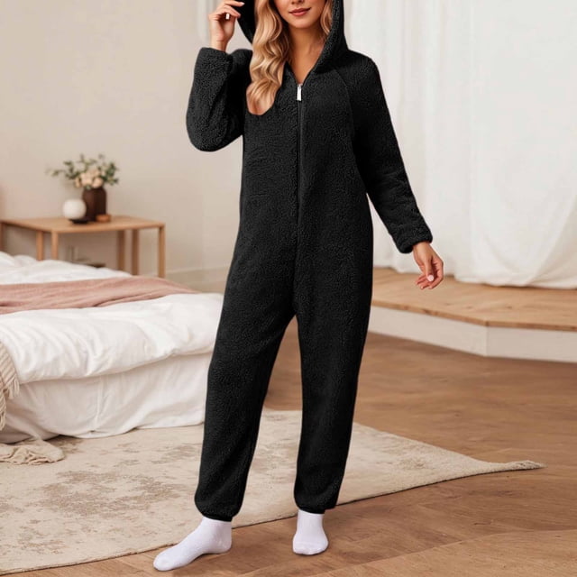 Timegard Combinaisons Grande Taille pour Femmes Automne Hiver en Molleton Doux à Capuche avec Fermeture Éclair, Pyjama Chaud