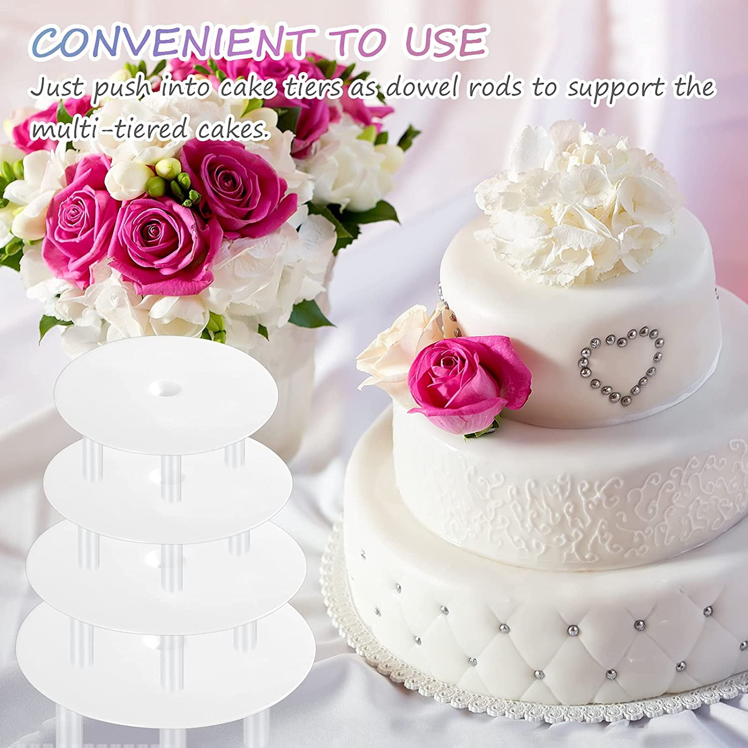 Plastic Cake Dowel Rods Set-for 4,6,8,10 Inch Cakes,with 4 Smiley Cake Dividers and 20 White Plastic Cake Stick Support Bars,12 Transparent Cake Stacking Pins for Layering Cakes