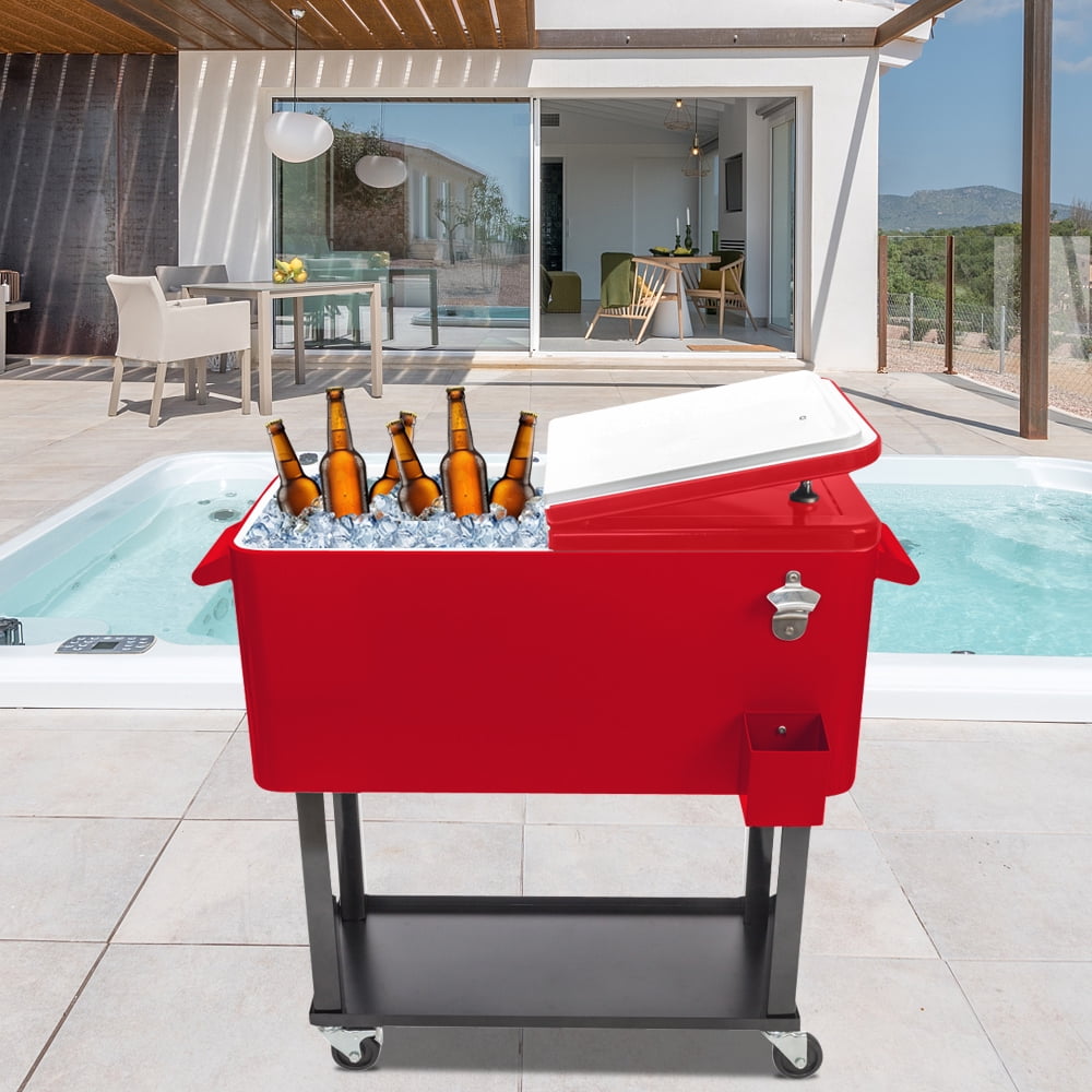 Ice Chest on Wheels, Outdoor Rolling Cooler Cart, 80 Quart Portable Bar