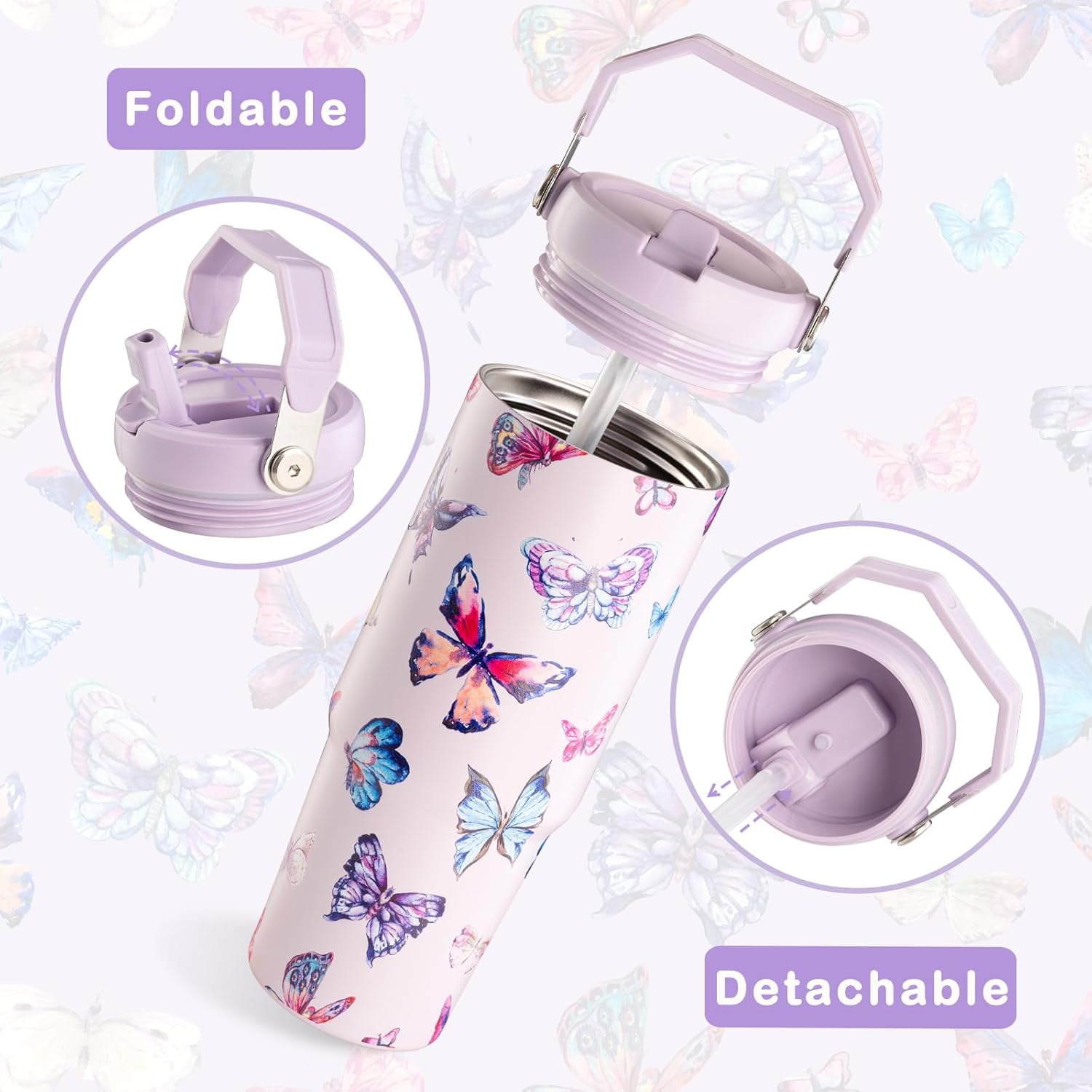 Butterfly Tumbler, Butterfly Gifts for Women 30 oz Tumbler with Handle and Flip Straw Stainless Steel Insulated Cup Travel Mug Water Bottle