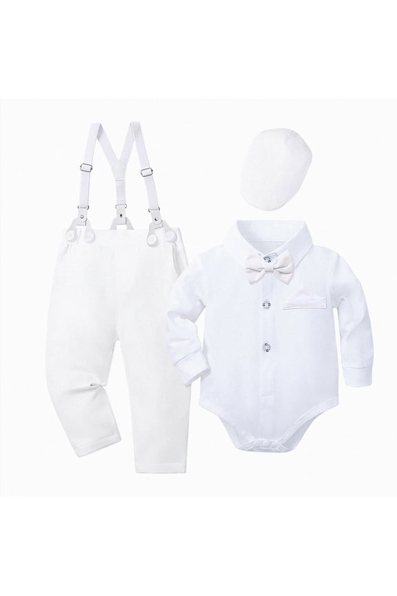 Baby Boy Clothes Suit 0-18M Boys Baptism Easter Outfits Baby Shirt+Pants+Suspenders 3Pcs Wedding Set (White, 3-6 Months)