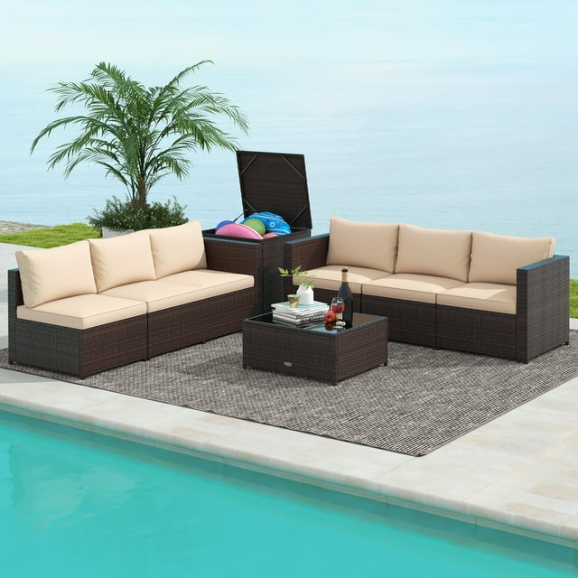 Gymax 8 PCS Wicker Patio Furniture Set Rattan Sectional Sofa Set w/ Cushions