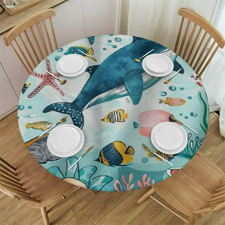

Orinice Fish Turtle Round Table Cover Stain Resistant Washable Indoor Outdoor Tablecloth Kitchen Dining Wedding Parties Waterproof Fabric 100% Polyester 54-58