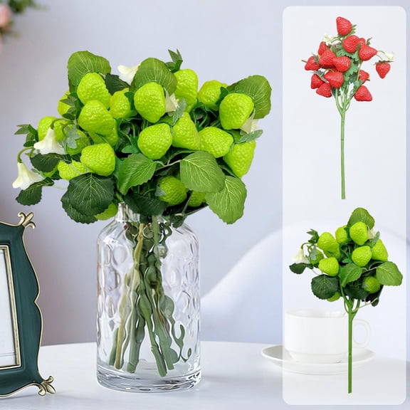 AYktou Simulated Strawberry Plants Decorations, Artificial Fruit Bouquets Faux Strawberry Branches - Green Strawberries, Floral Arrangements Ornaments for Vase Wedding Photography Props Table Decor