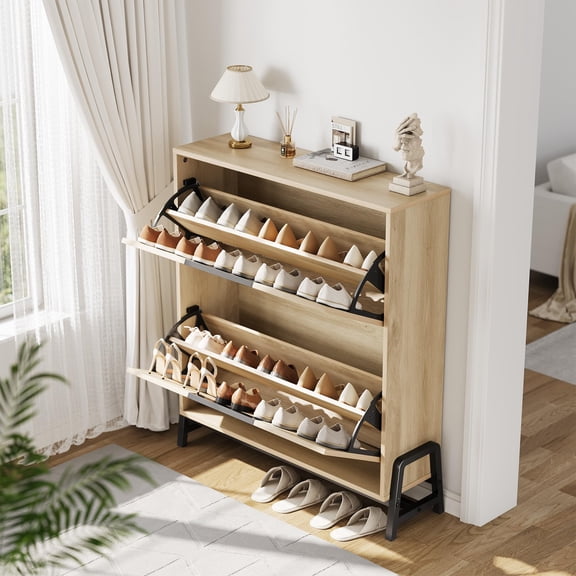 Shoe Storage Cabinet with 2 Flip Drawers, Freestanding Shoe Organizer with Metal Legs, Narrow Shoe Rack Cabinet for Entryway, Hallway, Living Room, Natural