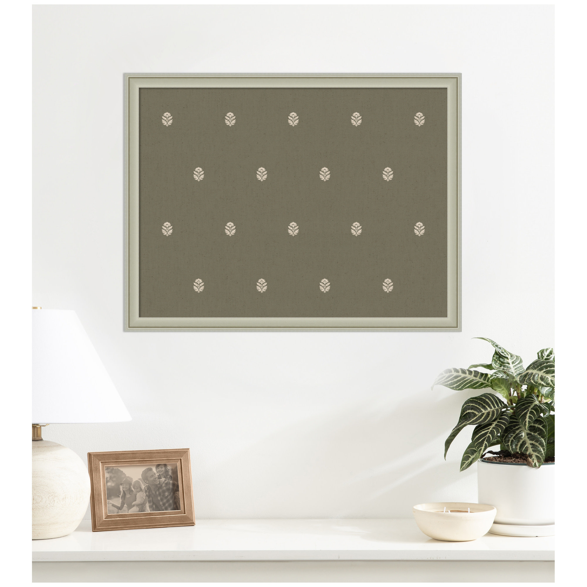 Kate and Laurel Framed Fabric Pinboard 26 x 20, Green Botanical Block Print Printed Linen Classic Bulletin Board for Use as a Vision Board or Wall Organization, Florence Silver Frame