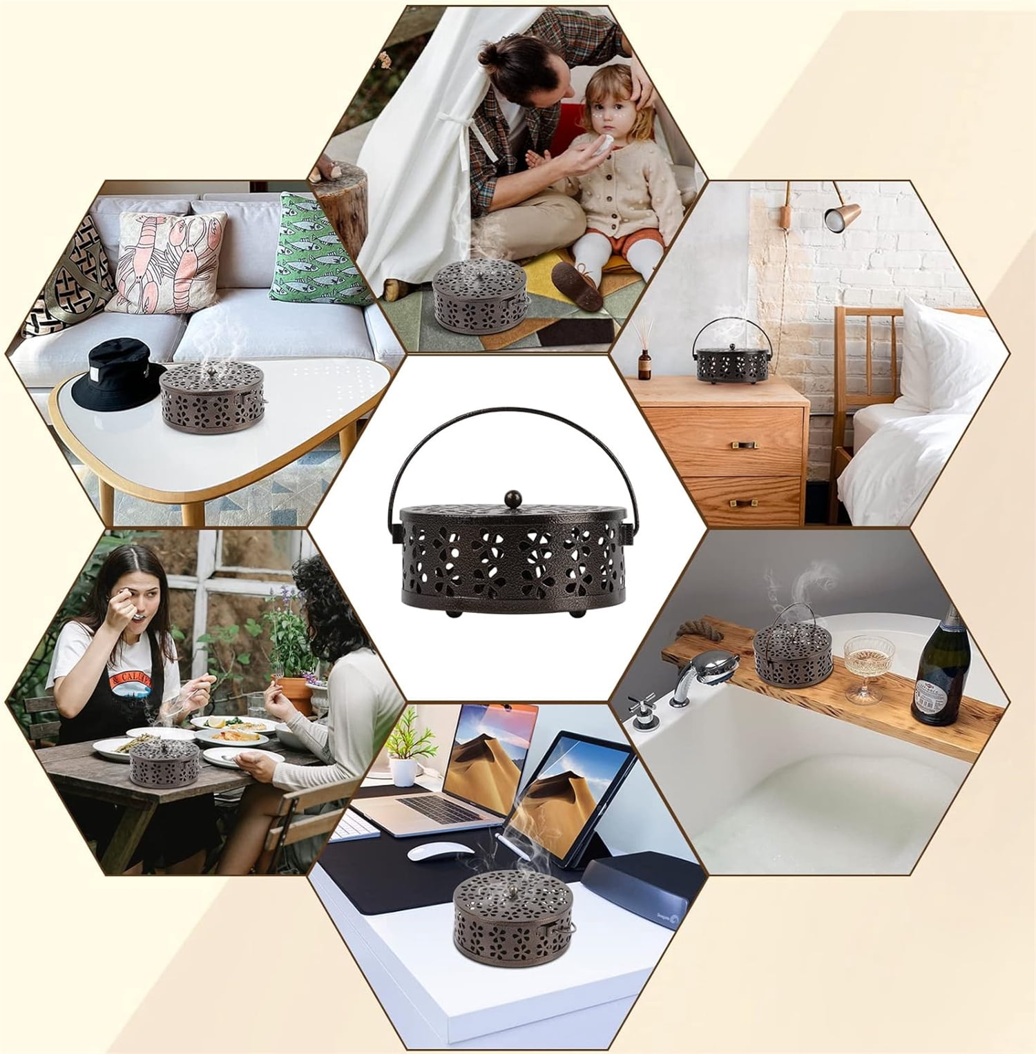 Retro Portable Iron Mosquito Coil Holder Topboutique Metal Mosquito Coil Box with Handle Round Fireproof Incense Holder Hangable Mosquito Incense Plate Box for Home Office Camping(Bronze,1Pack)