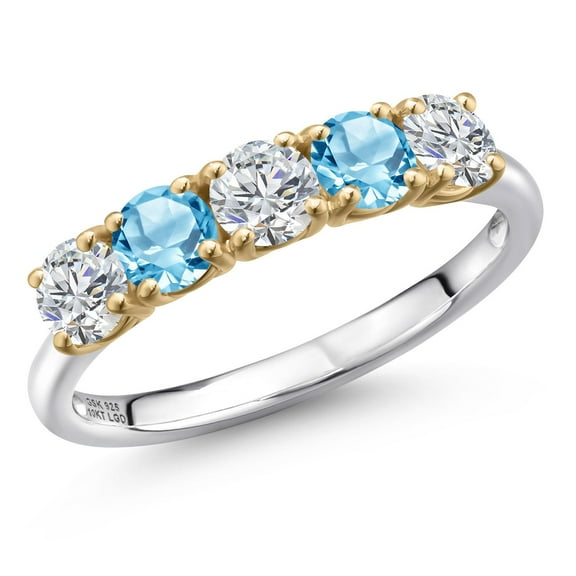 Gem Stone King 925 Silver and 10K Yellow Gold Lab Grown Diamond and Swiss Blue Topaz Wedding-Bands Ring for Women | 1.52 Cttw | Round 4MM | Gemstone April Birthstone | Size 7