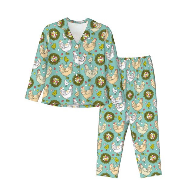 Balery Chicken Laying Eggs Conjunto de Pijama con Estampado para Mujer, Conjunto de Dos Piezas con Manga Larga, Ropa de Dormir Suave con Bolsillos, Pijamas Cómodos-Medium
