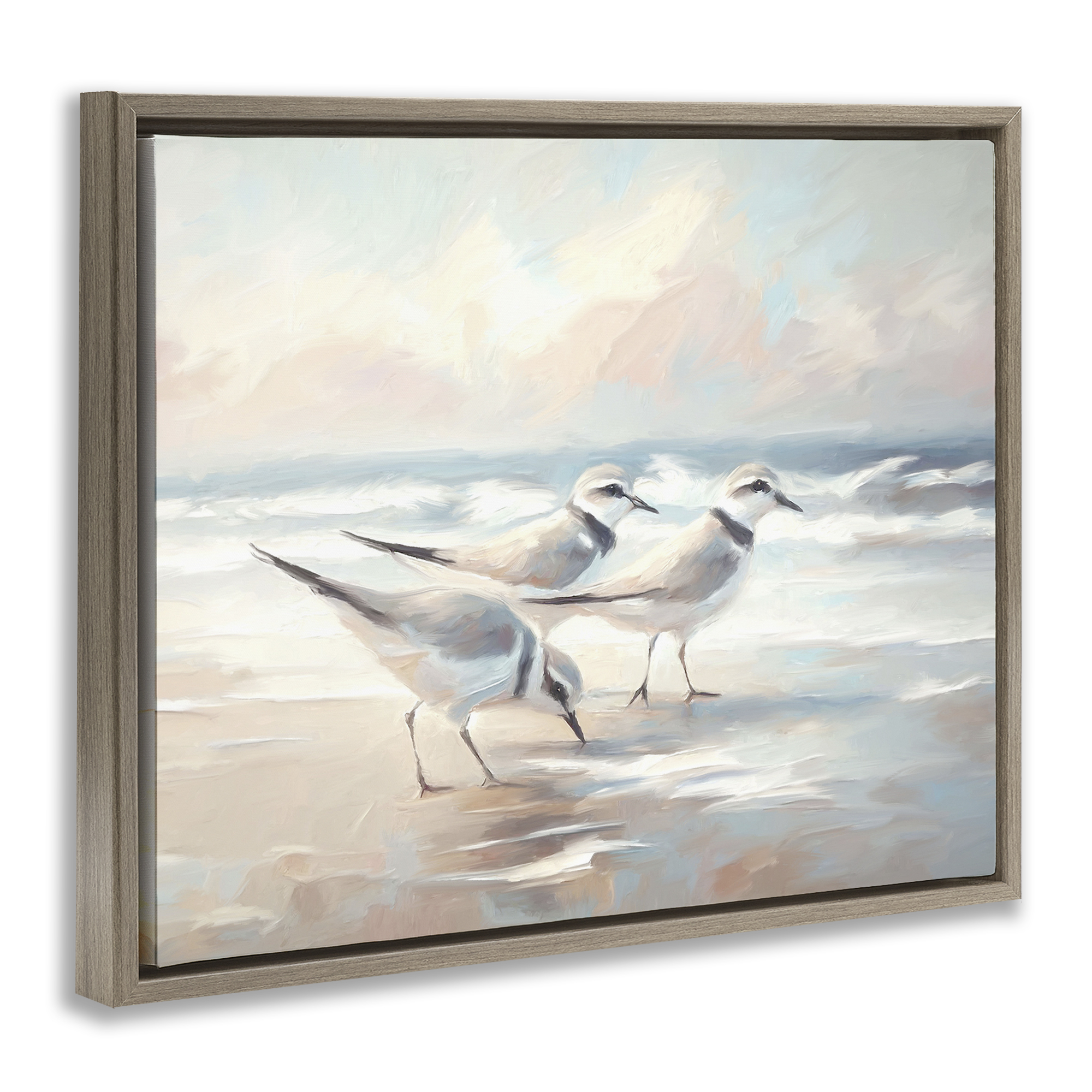 Stupell Industries Bay with Beach Birds Coastal Painting Brown Floater Framed Canvas Art Print Wall Art, 21 x 17