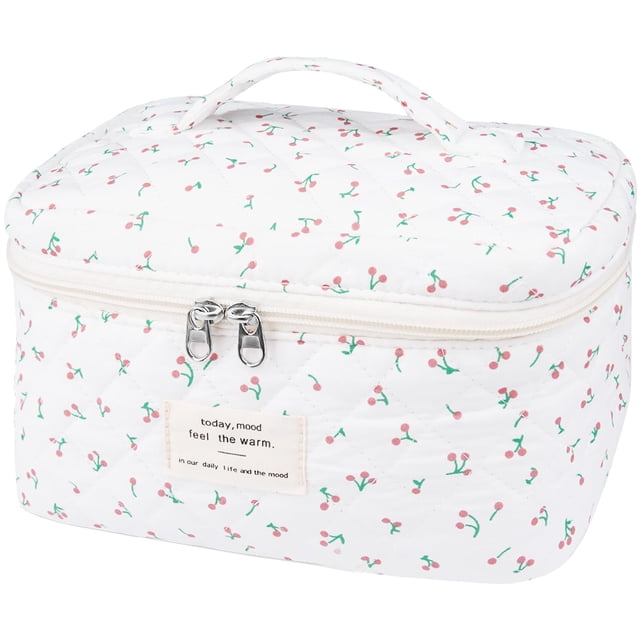 Bolsa de maquillaje Gosect, grande, de viaje, acolchada, de algodón, con estampado floral, color blanco
