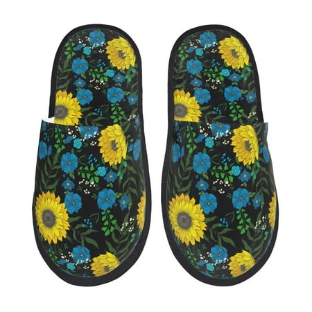 Balery Sunflowers And Blue Flower Slient Indoor Furry Fleece Comfort House Shoes Soft Non-Slip Home Shoes Cotton slippers House Slippers-- Medium