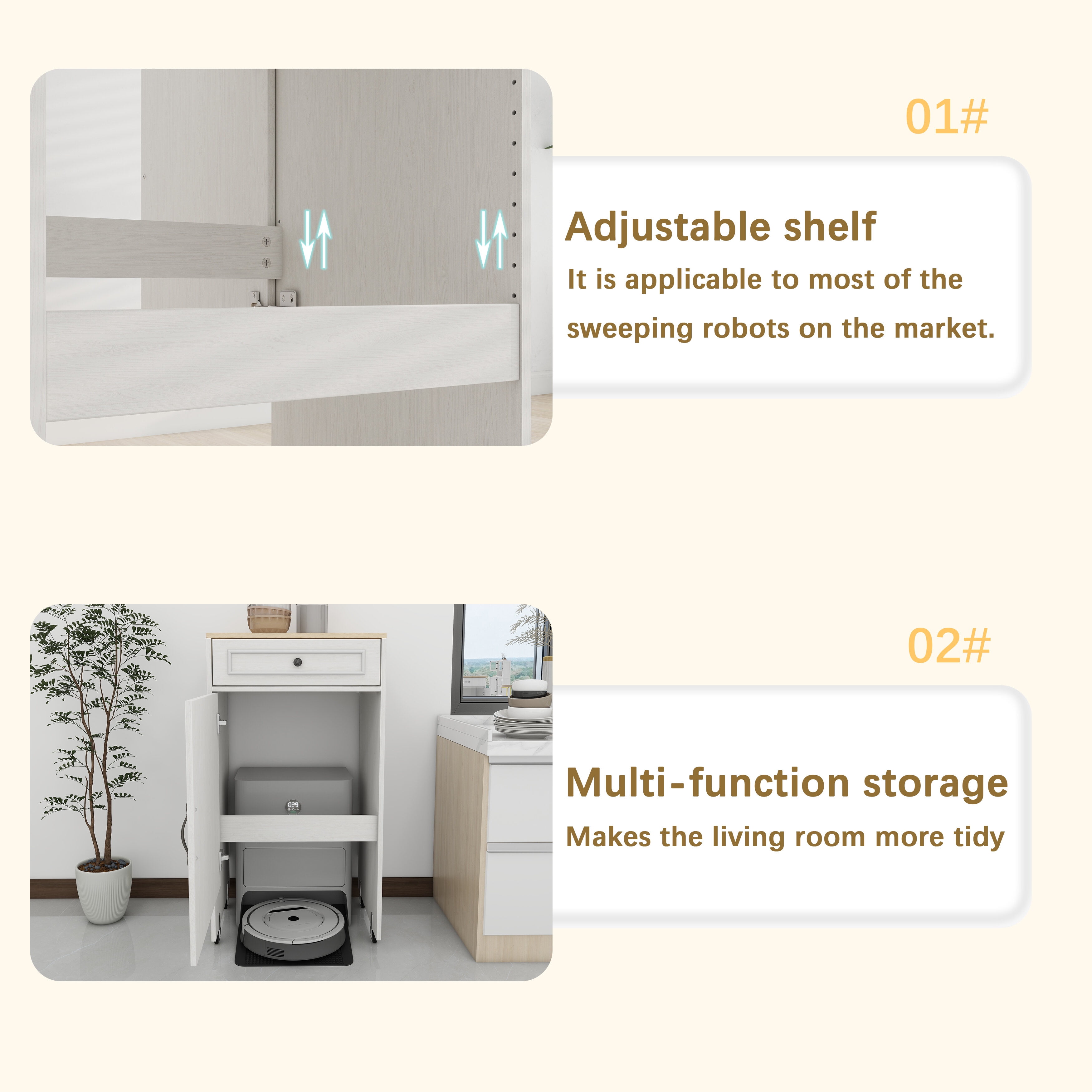 Living Room Cabinets Robot Vacuum Stand Cabinet with Wheels, Sweeping Robot Storage Rack with Doors and Drawers, Side Table for Living Room, Home Office, Kitchen-Antique White,Primary Living Space Ca