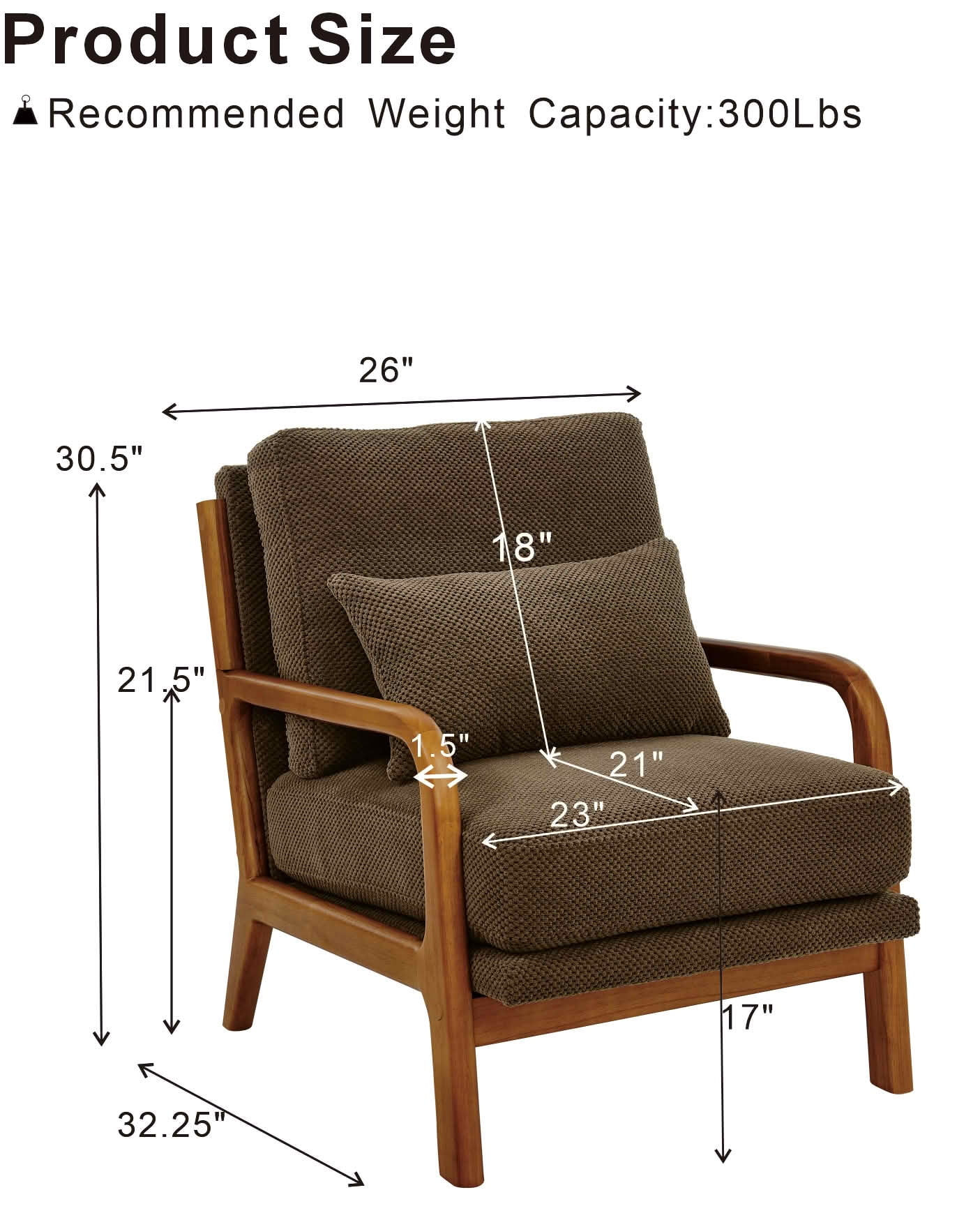 MAYEERTY 26 In Nubby Fabric Lounge Chair, Solid Wood Armrests, Lumbar Pillow, Coffee, 300 lb