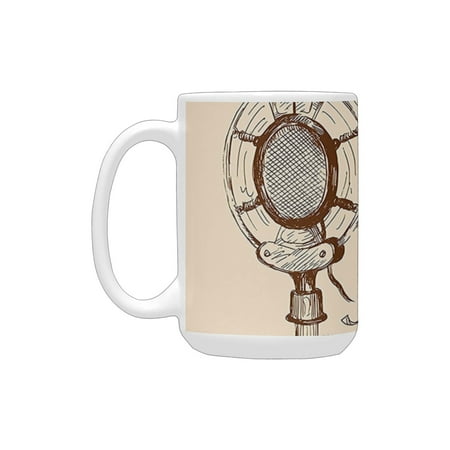 

Jazz Music Decor Old Fashioned Doodles with Waves and Vintage Microphone Print Retro Style Boho Deco Ceramic Mug (15 OZ) (Made In USA)