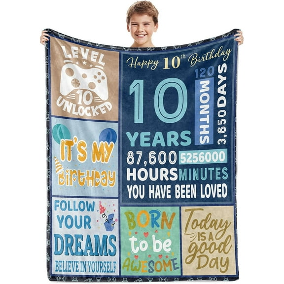 LHSHID 10th Birthday Present for Boys Blue Happy 10th Birthday Blanket 10 Year Old Boy Girls Present Ideas 10th Birthday Decorations Present Throw Blanket for Teen Son Grandson Nephew 30"x40"