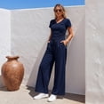 thumbnail image 6 of WQD Womens 2 Piece Set Outfits Lounge Sets Ruched Short Sleeve Tops High Waisted Wide Leg Pants Tracksuit Sets, 6 of 11