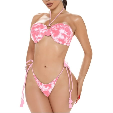 Abcnature Women s Bikini Swimsuits Sets  Thong Bikini Sets Sexy Tie-Dye Printing B&age Split Bikini Swimwear Bikini Sets for Women Pink XL