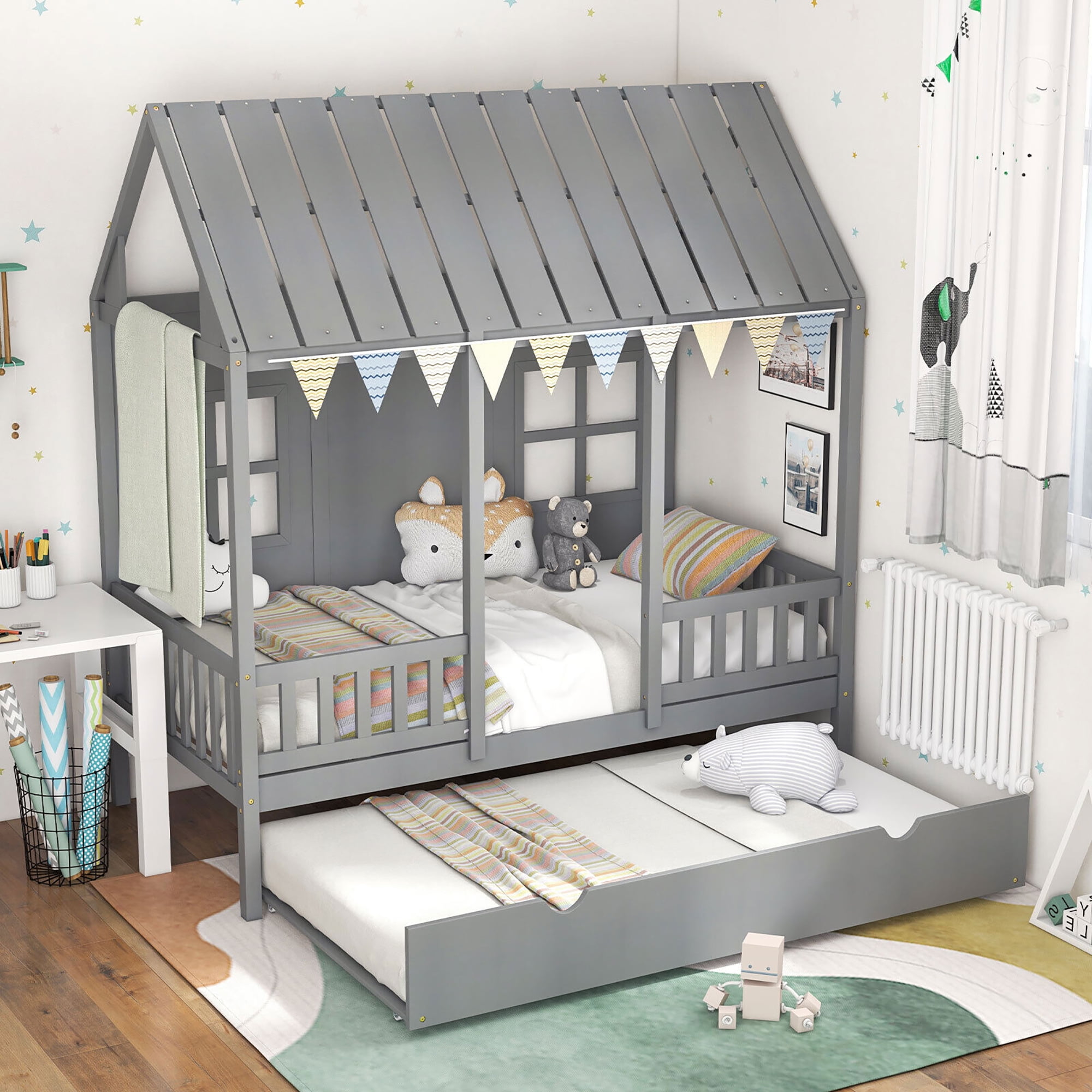 Gymax Twin Size House Bed with Trundle Fence Decor Wooden Windows Tall Roof Gray