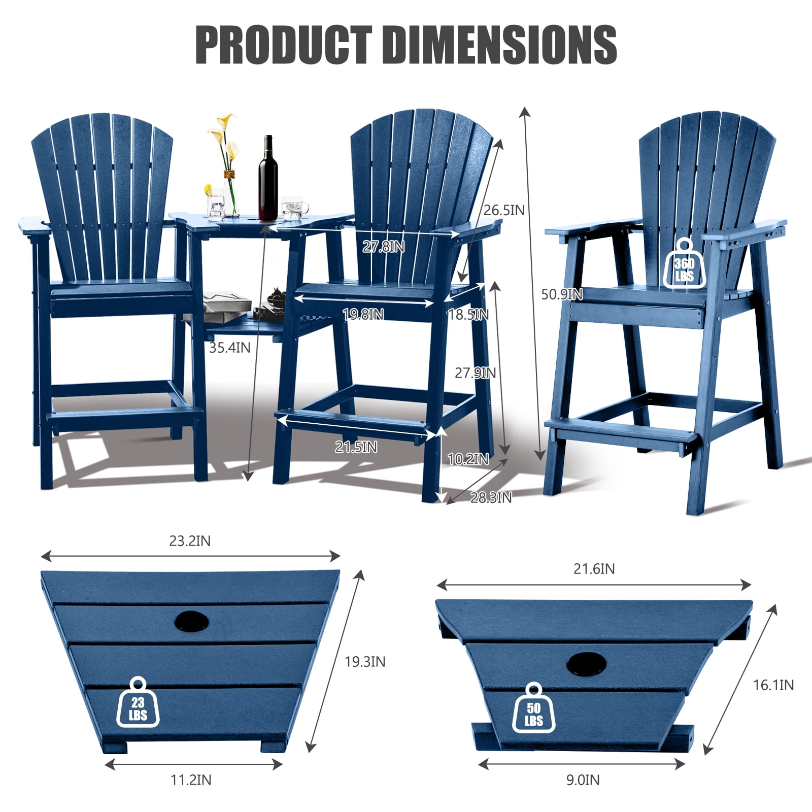Tall Adirondack Chairs Set of 2，Outdoor Adirondack Barstools with Double Connecting Tray Patio Stools Weather Resistant for Outdoor Deck Lawn Pool Backyard,Grey