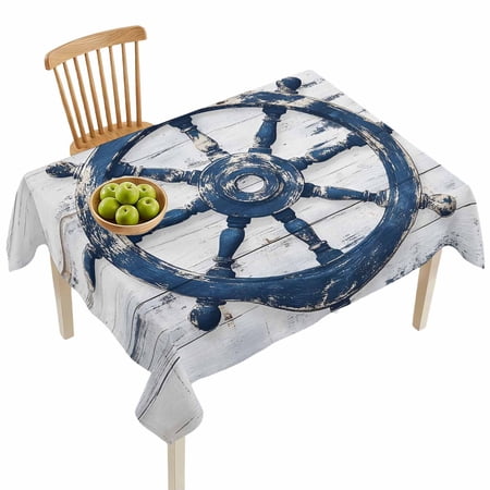 Rectangle Tablecloths Retro Marine Sailing Blue Rudder Waterproof Table Cloths Nautical Vintage Wood Grain Spillproof Decorative Dining Table Covers for Kitchen Indoor Parties Camping 52x70in
