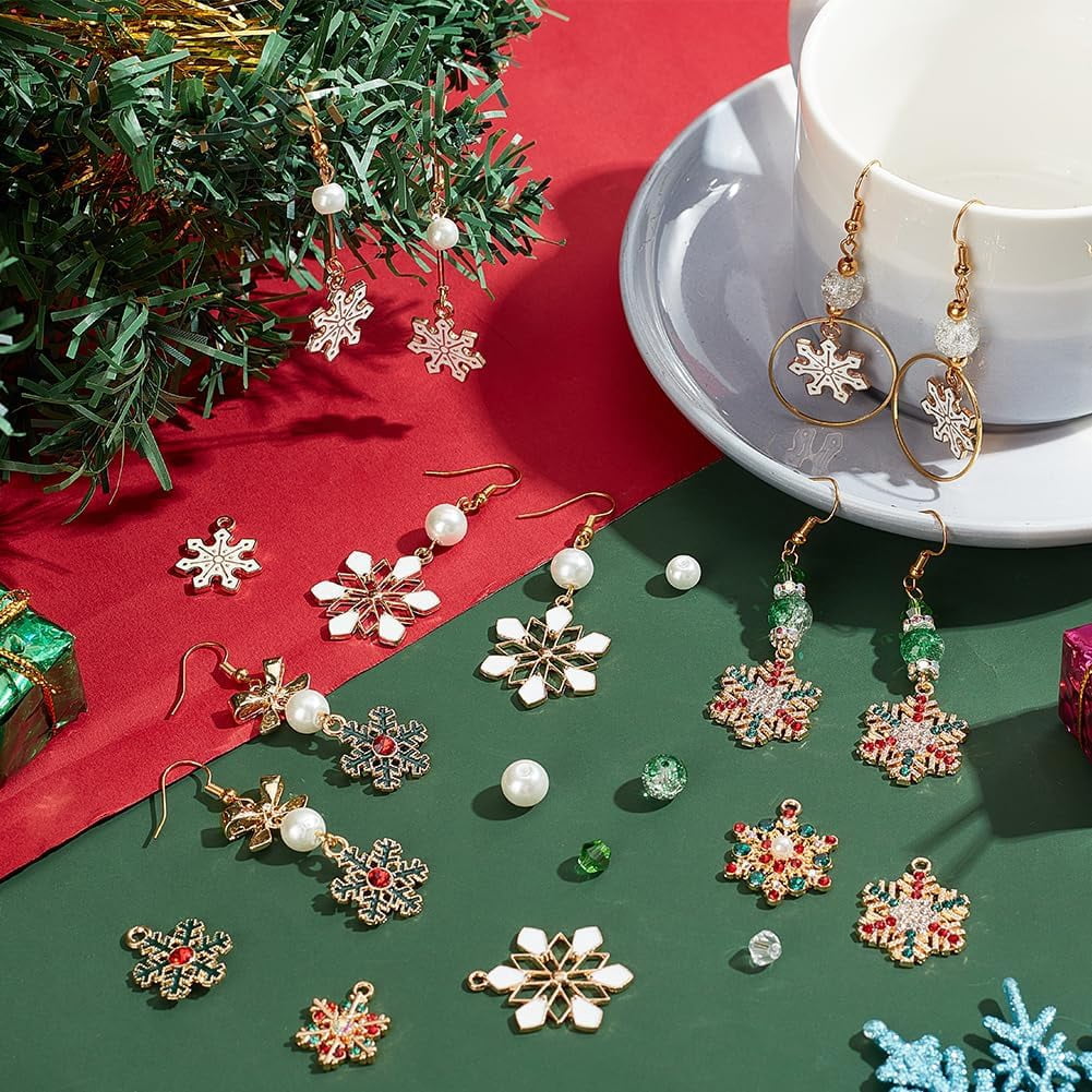 DIY Christmas Snowflake Earring Making Kit Including Glass Pearl & Bicone Beads Iron Bar Links Connectors Alloy Links & Pendant Brass Earring Hooks Mixed Color 162Pcs/box