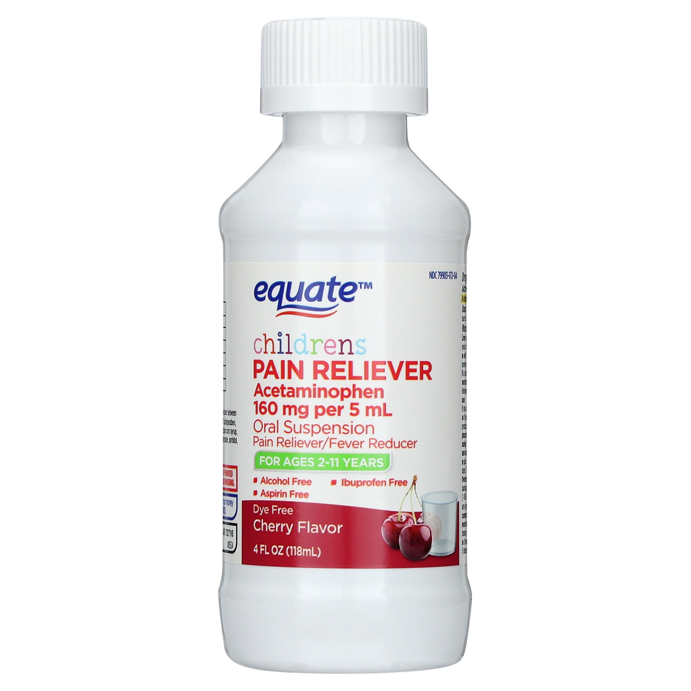 Suspensión oral de acetaminofén para niños, alivio de dolor y fiebre, sin colorantes, sabor cereza, 160 mg, de 2 a 11 años, 4 fl oz 7