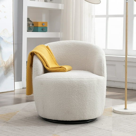 HSUNNS Swivel Accent Chair, Modern Teddy Fabric Accent Armchair Barrel Chair with Ergonomic Backrest for Living Room, Coffee Shop, and Bedroom, 360° Swivel, Easy Assembly, Ivory White