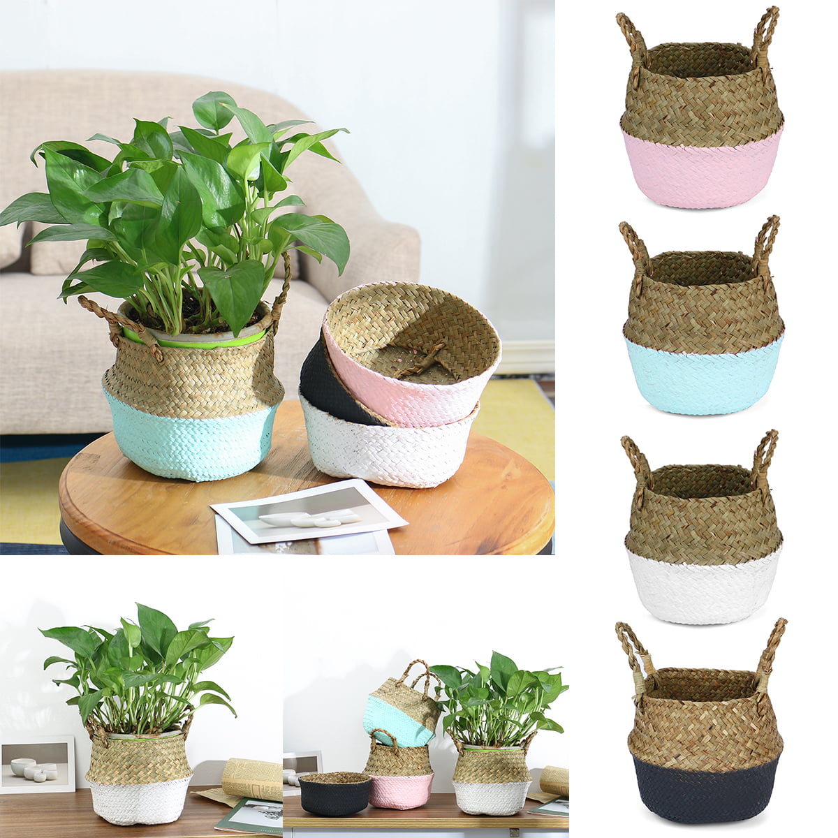 Foldable Seagrass Woven Storage Belly Basket Plant Flower Pot Home Garden Decor 
