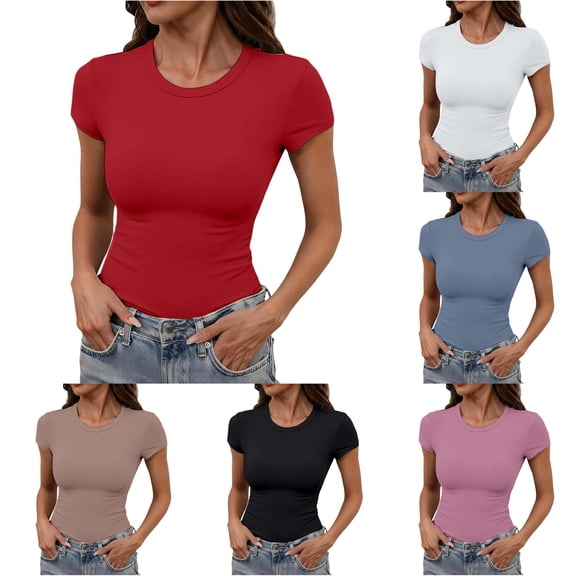 Rhuody Tops For Women Slim Fit Short Sleeve Crew Neck T Shirt Women'S Clothing Red
