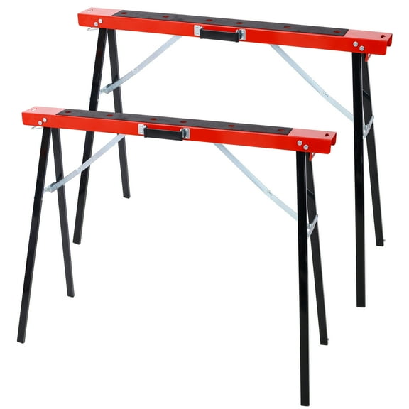Olurrisa 275lb Heavy Duty Sawhorse Pair - Foldable Steel Work Horses with Non-Slip Surface & Carry Handle (Red & Black, Fully Assembled)
