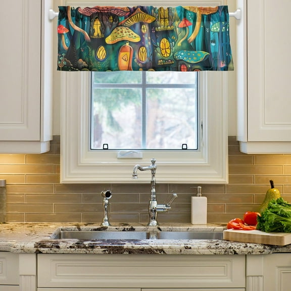 Mushrooms Houses in Forest Curtain Valances Farmhouse Design Window Treatment Decor Blackout Rod Pocket for Windows Living Room Kitchen 54" x 18"