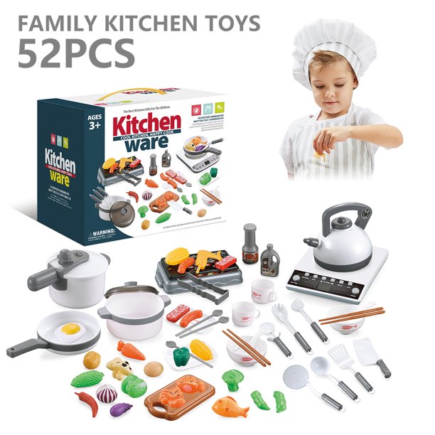 Juguetes de cocina de simulación,Juego de cocina de juguete de 52 piezas para niños, utensilios de cocina de juguete de simulación, juego de ollas y sartenes de plástico, utensilios de cocina, cubiert Muyoka Hogar