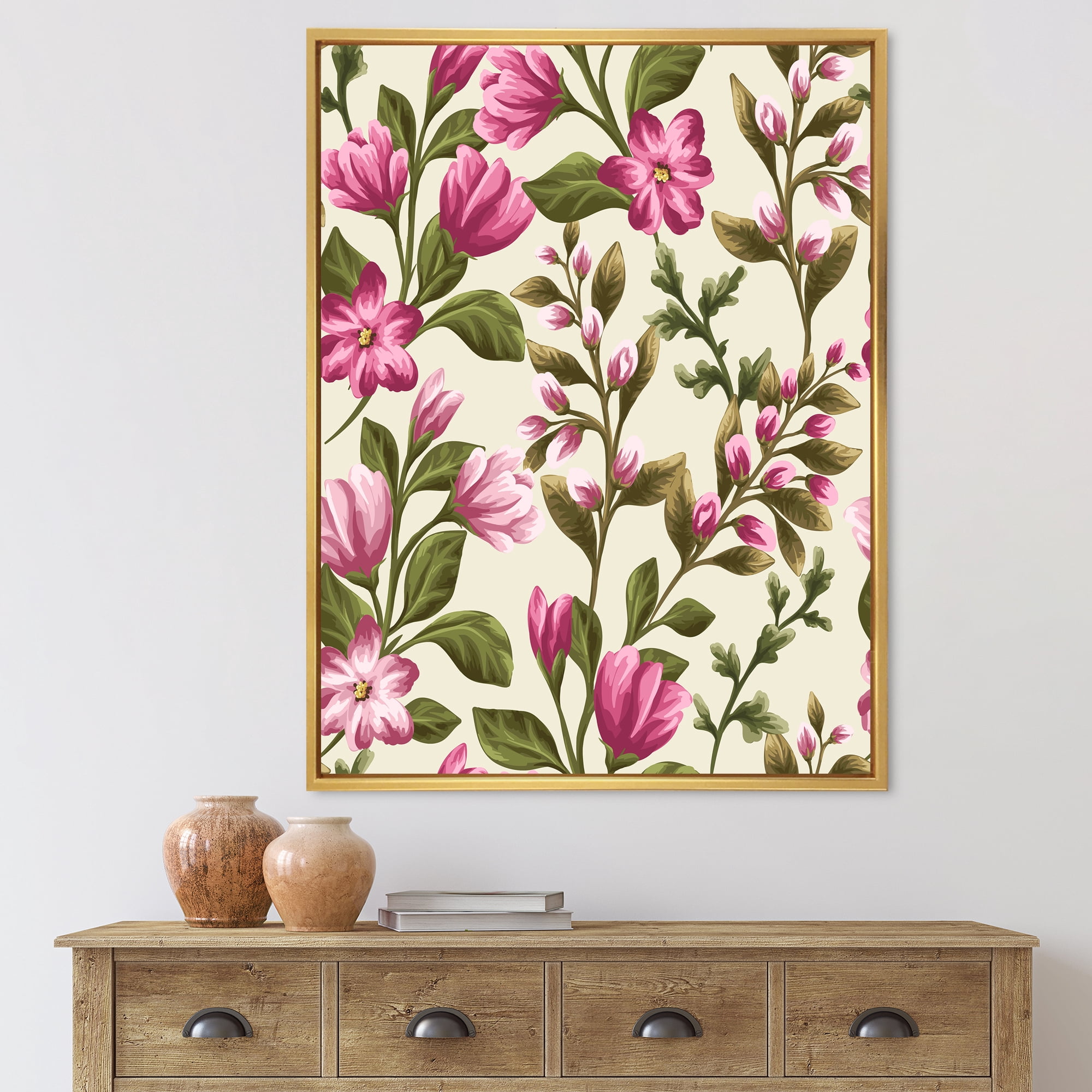 Pink Vintage Wildflowers 12 in x 20 in Framed Painting Canvas Art Print, by Designart