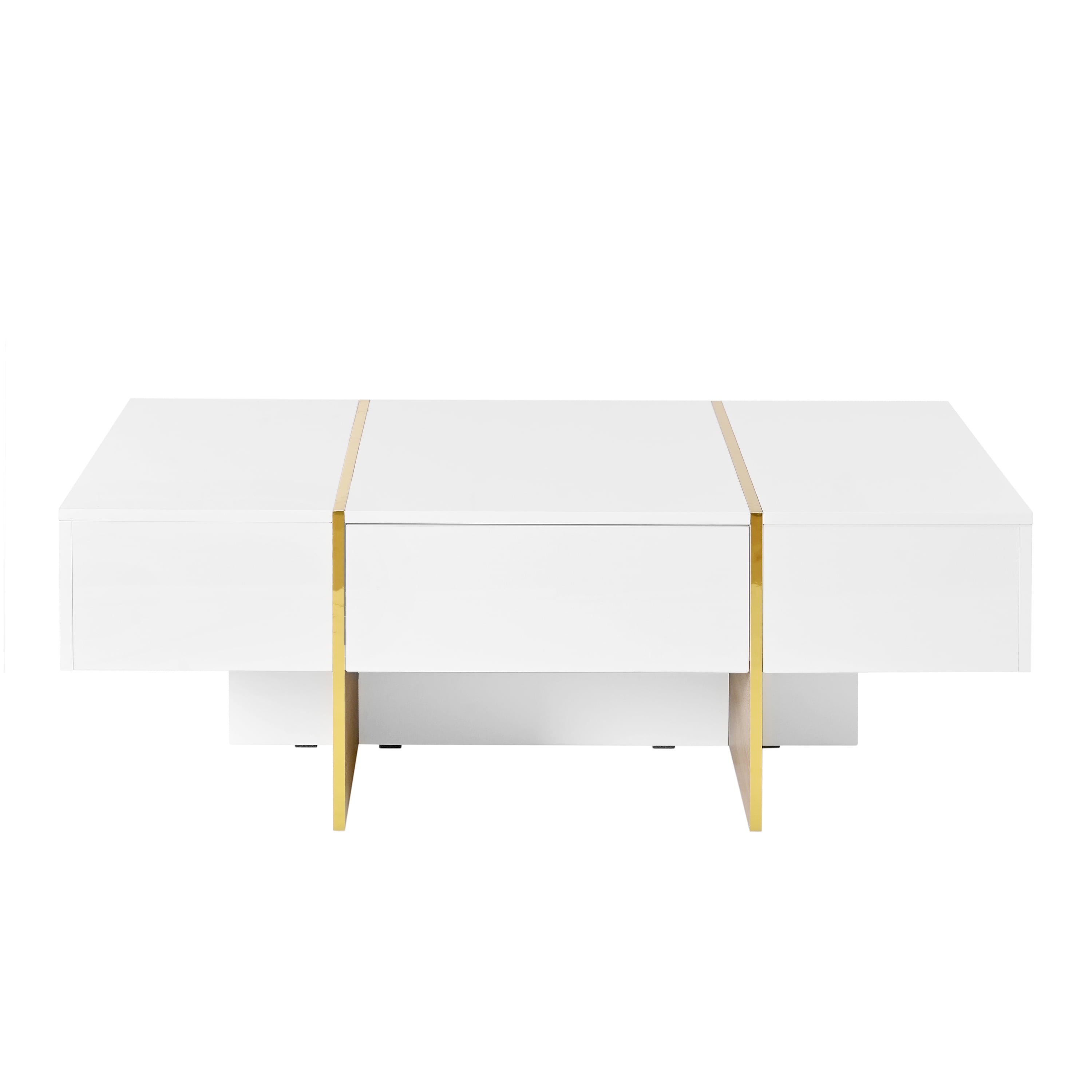Euroco Modern Rectangle High-Gloss Coffee Table with Gold Trim and Hidden Storage Drawers, 47.2", MDF Finish