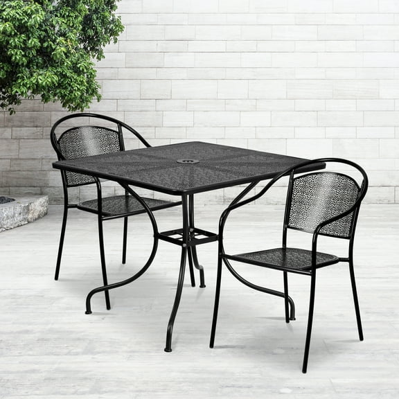 Flash Furniture Commercial Grade 35.5" Square Black Indoor-Outdoor Steel Patio Table Set with 2 Round Back Chairs