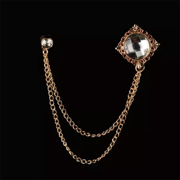 HOOUN Retro Gem Brooch Men's Suit Pin Rhinestone Cross Tassel Lapel Pins with Chain-White Golden