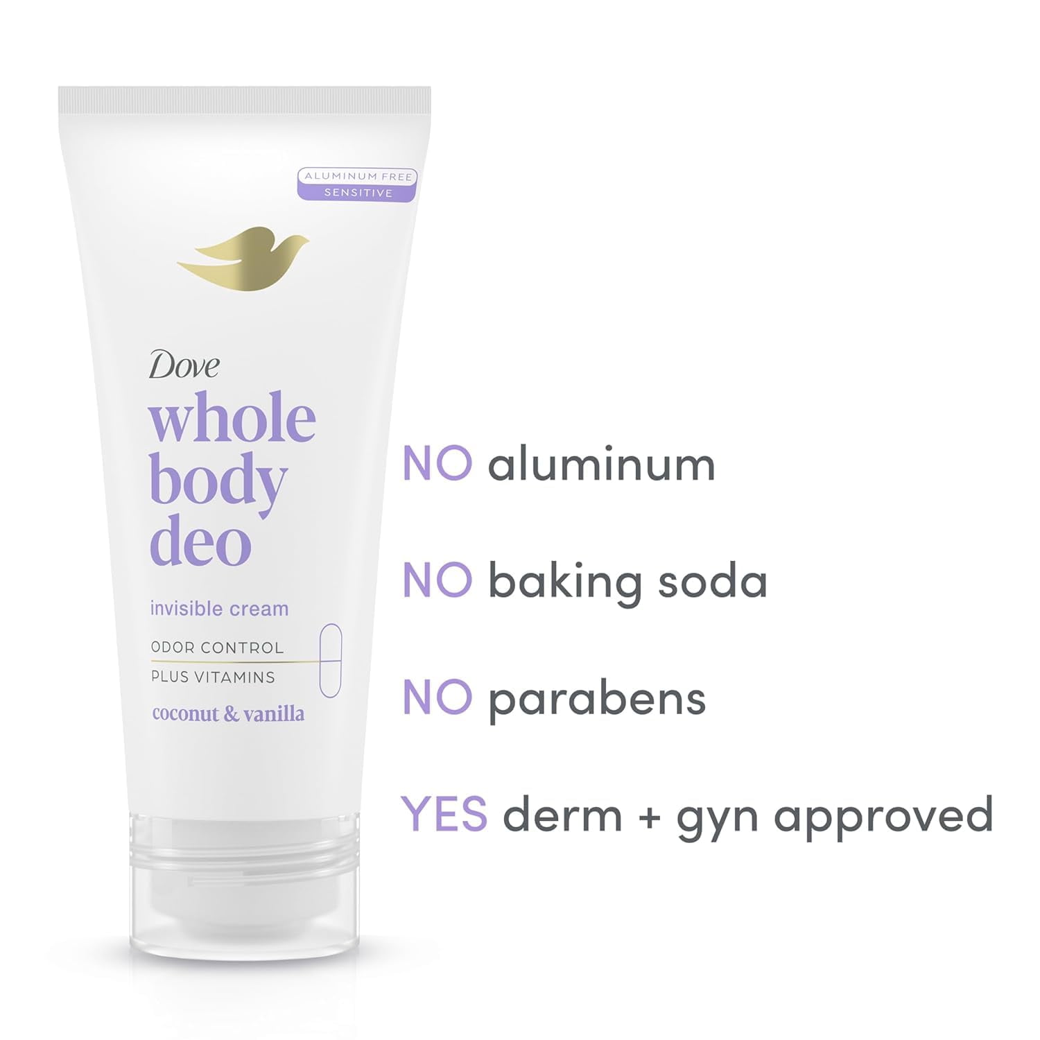 Dove Whole Body Deo Aluminum Free Invisible Cream Deodorant Coconut & Vanilla for 72h Odor Control, 2.5 oz (Pack of 2)