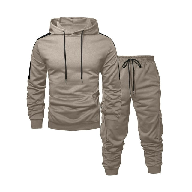 Men Casual Pullover Hooded Sports Solid Long Sleeve Trousers Two-Piece Tracksuit