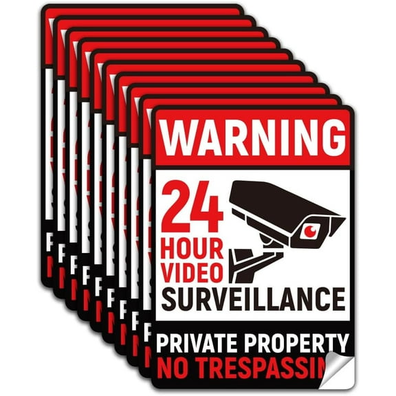 1 Set 10Pcs Private Property No Trespassing Sign Sticker PVC Waterproof 24 Hour Video Surveillance Warning Stickers Decal for Business Home Self Adhesive Sign for Indoor Outdoor 5.1x7.1 Inch