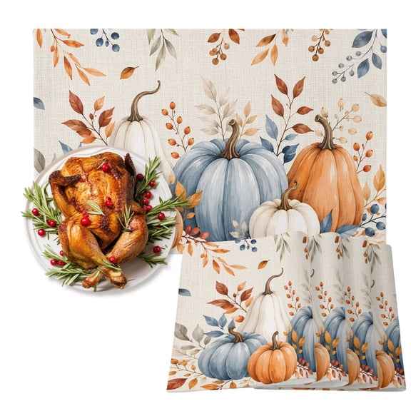 Thanksgiving Cotton Linen Placemats Set of 4, Fall Vintage Country Harvest Orange Blue Pumpkin Leaf Washable Table Place Mats Heat Insulating Placemat for Dining Room Kitchen Daily Use 13 x 19 Inch