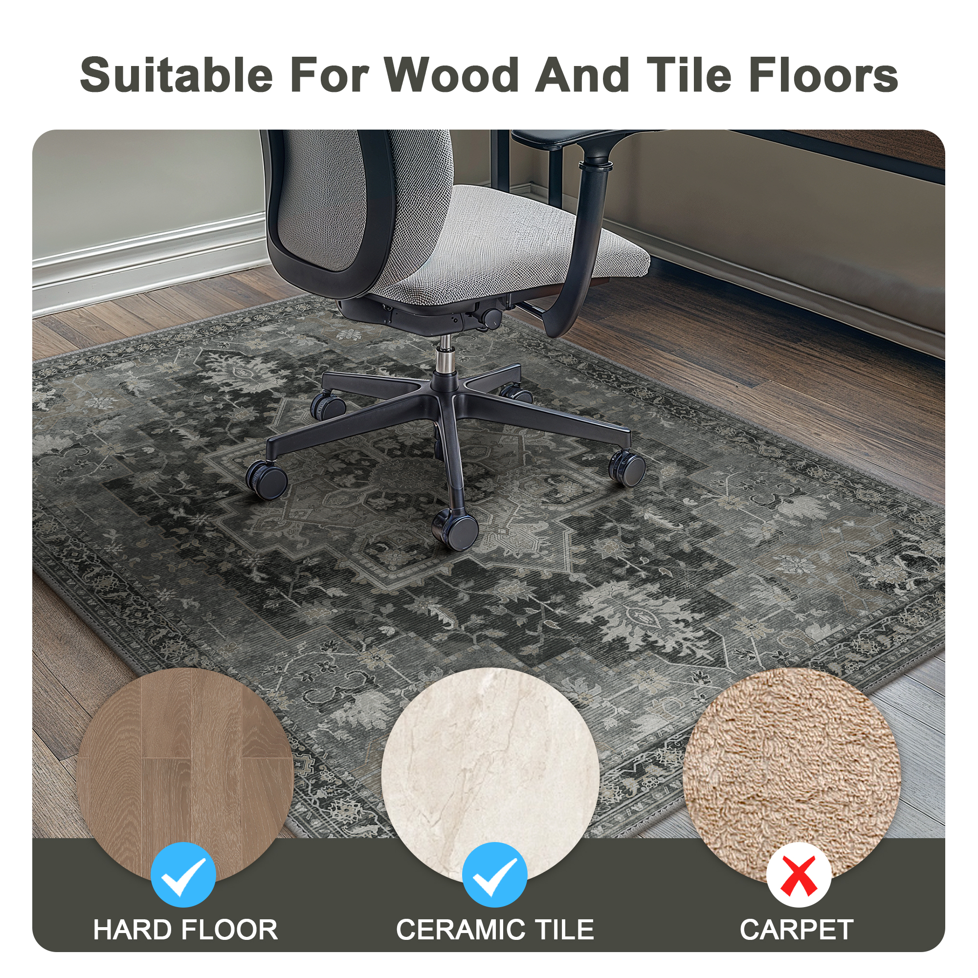 KUETH 36"X 48" Protective Flooring Office Chair Mat for Hardwood Floor and Tile Floor, Heavy Duty Desk Chair Mat for Carpets, Anti Slip Office Floor Mats for Rolling Chairs, Low Pile Under Desk Rug