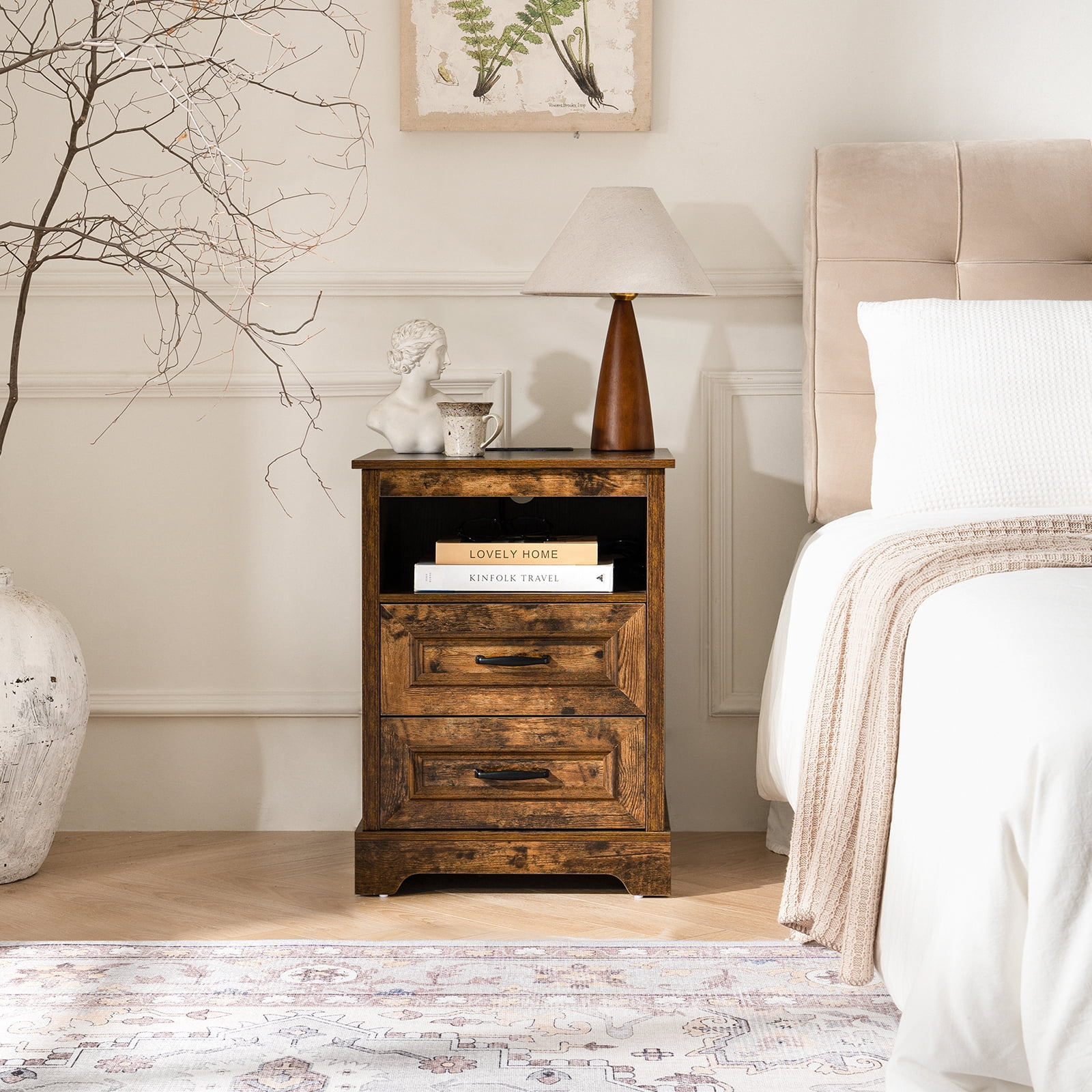 Farmhouse Side Table End Table with 2 Drawers, 18" Wood Nightstand with Charging Station & Storage Shelf, Night Stands for Bedroom Living Room,Brown